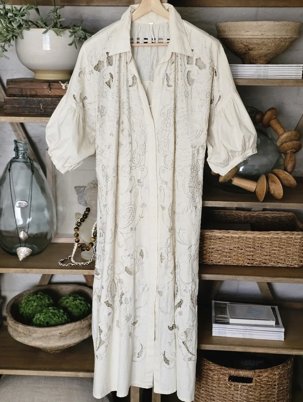 Free People Embroidery Oversized Button Front Kaftan Lace Dress NWOT